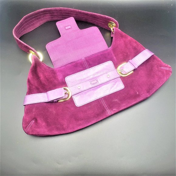 Purple Suede Shoulder Bag Large brass Accents17" strap - Picture 2 of 10